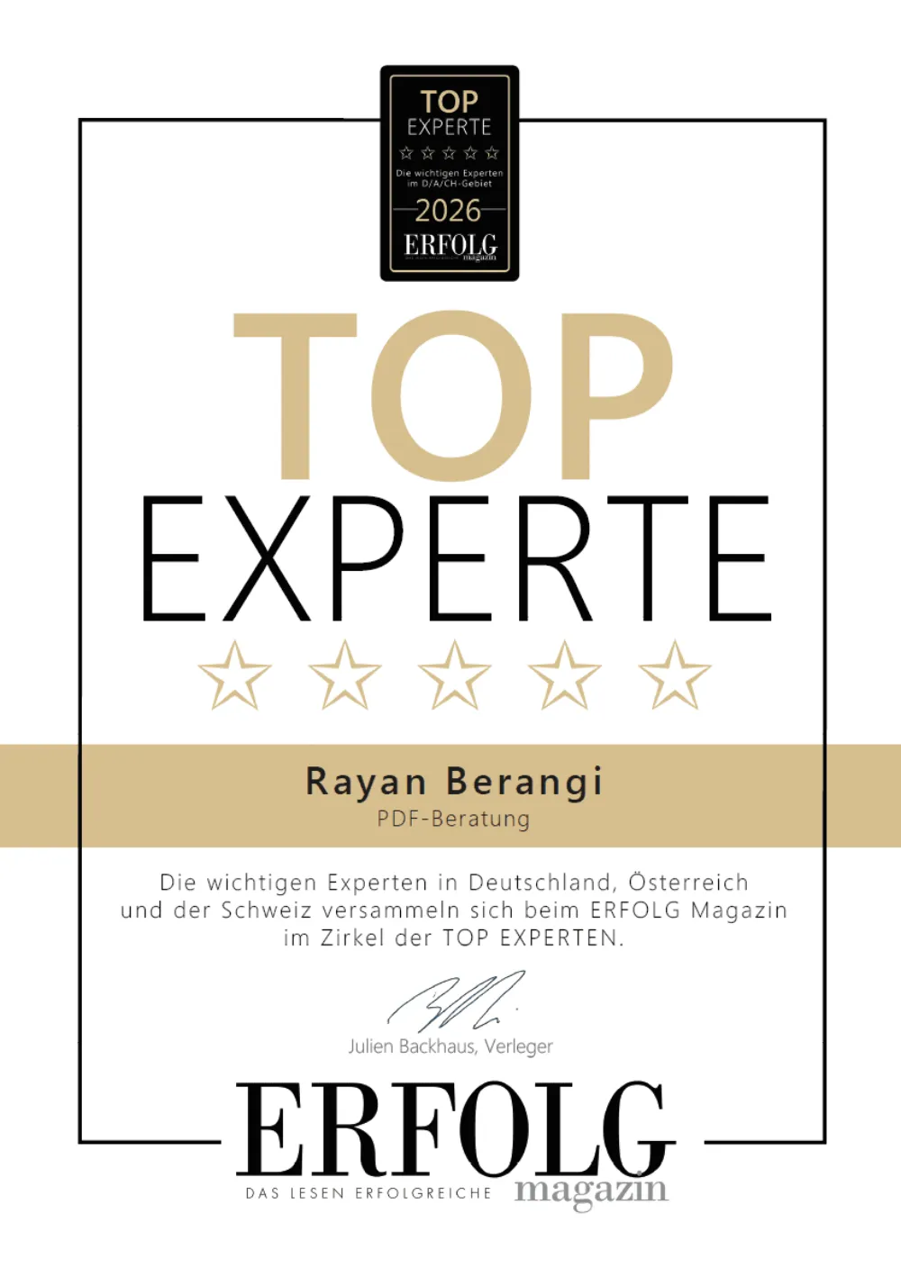 Urkunde TOP EXPERTE 2026 des ERFOLG Magazins für Rayan Berangi, PDF-Beratung